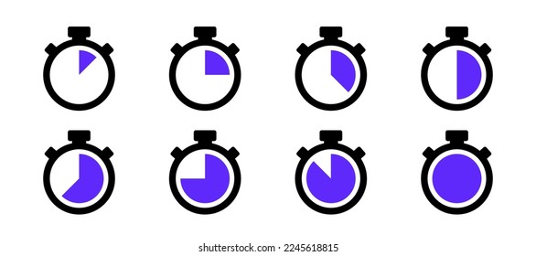 Timer and stopwatch vector icons set. Countdown timer vector icons. Time management. Deadline, punctuality and time management and optimization Countdown 5, 10, 20, 30, 60 minutes. Vector illustration