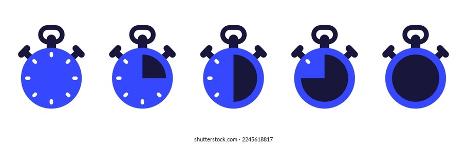 Timer and stopwatch vector icons set. Countdown timer vector icons. Time management. Deadline, punctuality and time management and optimization Countdown 5, 10, 20, 30, 60 minutes. Vector illustration