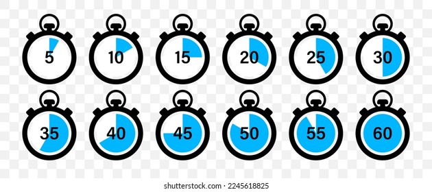 Zeiger und hör auf, Vektorsymbole zu sehen. Countdown-Timer-Vektorsymbole. Zeitmanagement. Frist, Pünktlichkeit und Zeitmanagement und Optimierung Countdown 5, 10, 20, 30, 60 Minuten. Vektorgrafik