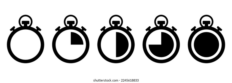 Timer and stopwatch vector icons set. Countdown timer vector icons. Time management. Deadline, punctuality and time management and optimization Countdown 5, 10, 20, 30, 60 minutes. Vector illustration