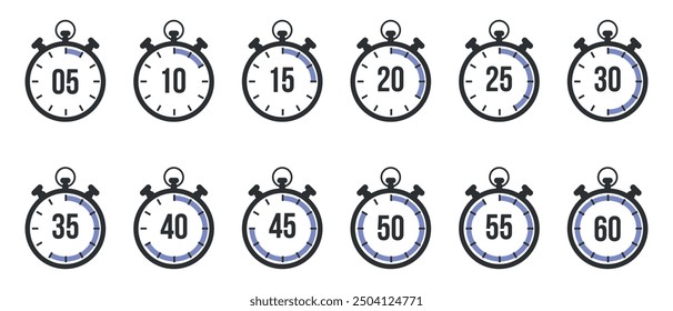 Timer and stopwatch vector set icons. Countdown from 05 to 60 minutes. Sport and cooking clock with blue colored time meaning. 