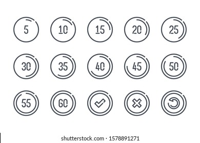 Timer and timepiece related line icon set. Five second time interval linear icons. Stopwatch and time measurement outline vector sign collection.