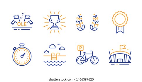 Timer, Trophy and Bicycle parking line icons set. Ole chant, Laurel wreath and Swimming pool signs. Reward, Arena symbols. Stopwatch gadget, Winner cup. Sports set. Line timer icon. Vector