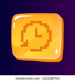 Timer update glossy ui button with pixelated icon. Software. Editable 8bit graphic element on shiny square shape. Isolated vector user interface image for web, mobile. Retro style game design