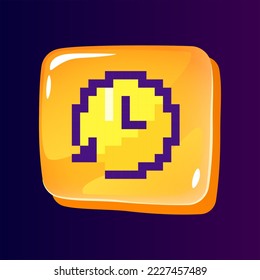 Timer update glossy ui button with pixelated color icon. Software setting. Digital measure. Editable 8bit graphic element on shiny glass rectangle shape. Isolated image for arcade, video game design