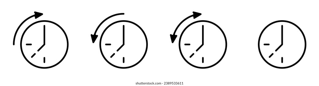 Timer vector icon set. Time return icons vector. Product return symbol set. Clocks of the flow of time vector black. A clock with arrows. Countdown time segments. Stopwhatches design.