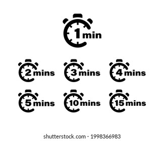 Timer vector icons. 1, 2, 3, 4, 5, 10 and 15 minutes stopwatch symbols. Vector illustration EPS 10