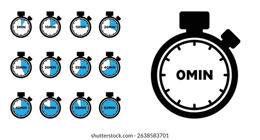Timer Vector Set, Stopwatch Icons from 0 to 60 Minutes in 5-Minute Intervals.