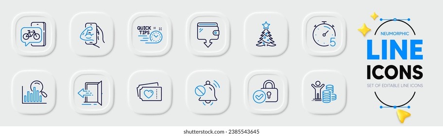 Iconos Timer, Verified locker y Wallet line para la aplicación web. Paquete de beneficios presupuestarios, sonido silencioso, iconos del pictograma de entrada. Aplicación para bicicletas, boletos de amor, carteles de árbol de Navidad. Búsqueda, fitness, consejos rápidos. Vector