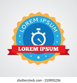timer vintage badge, label icon. Blue with red ribbon 