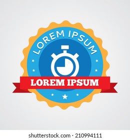 timer vintage badge, label icon. Blue with red ribbon 