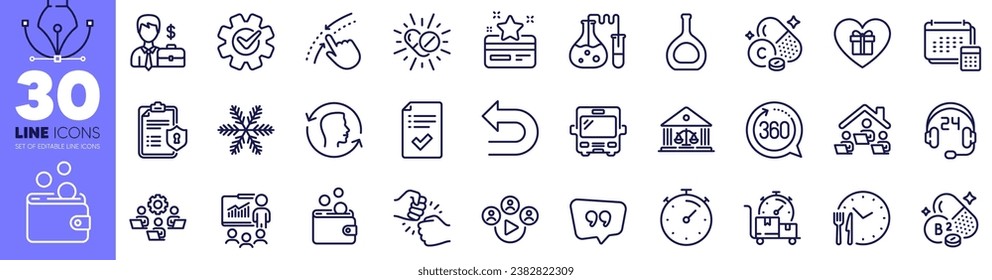 Timer, Wallet money and Cogwheel line icons pack. Cognac bottle, Food time, Swipe up web icon. Bus, Presentation, Riboflavin vitamin pictogram. Businessman case, Snowflake, Quote bubble. Vector