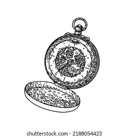 vector dibujado a mano por reloj de pulsera. objeto clásico retro de metal, boceto de bolsillo de reloj de relojería de lujo de horario redondo. ilustración negra aislada