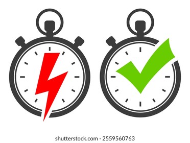 Timer web icons set with bolt and check mark isolated on white. Fast action and rapid effect concept business symbols. Simple line pictograms of stop watch, velocity flat design for sport or service.