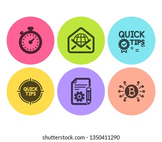 Timer, Web mail and Tips icons simple set. Documentation, Quick tips and Bitcoin system signs. Stopwatch gadget, World communication. Flat timer icon. Circle button. Vector