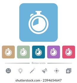 Iconos planos blancos de temporizador en fondo cuadrado redondeado de color. 6 iconos de bonificación incluidos
