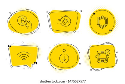 Timer, Wifi and Bus parking signs. Chat bubbles. Bitcoin pay, Scroll down and Security line icons set. Cryptocurrency coin, Swipe screen, Protection shield. Deadline management. Technology set. Vector