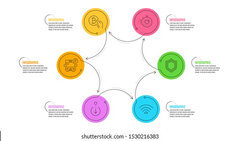 Timer, Wifi and Bus parking signs. Infographic timeline. Bitcoin pay, Scroll down and Security line icons set. Cryptocurrency coin, Swipe screen, Protection shield. Deadline management. Vector