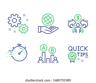 Timer, Work and Sharing economy line icons set. Safe planet, Ab testing and Quick tips signs. Deadline management, Settings, Share. Ecology. Science set. Line timer outline icons. Vector
