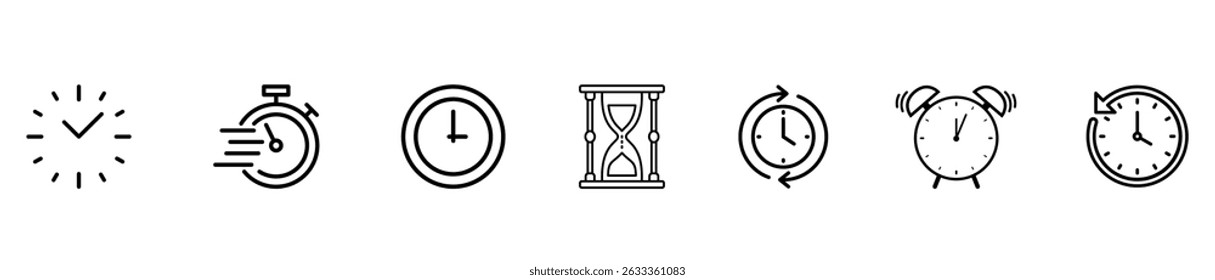 Timers and clock icon set. Included clock, stopwatch, alarm, hourglass, timer, and time management concept. Vector icon collection.