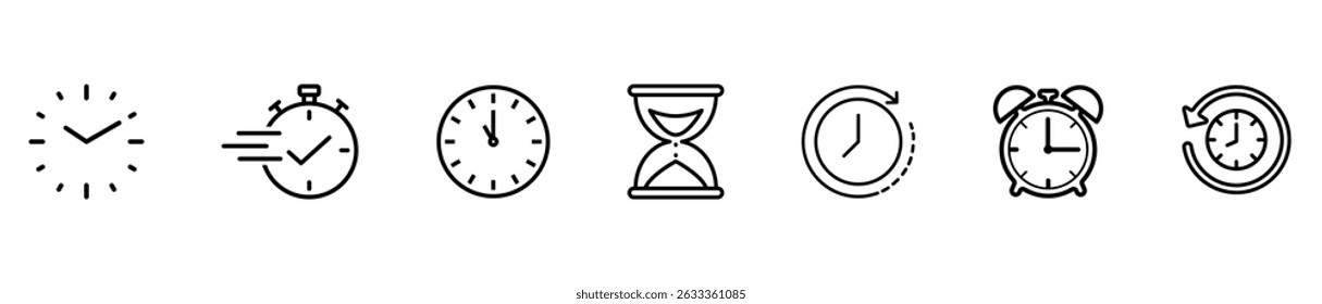 Timers and clock icon set. Included clock, stopwatch, alarm, hourglass, timer, and time management concept. Vector icon collection.