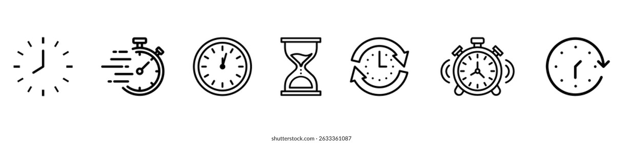 Timers and clock icon set. Included clock, stopwatch, alarm, hourglass, timer, and time management concept. Vector icon collection.