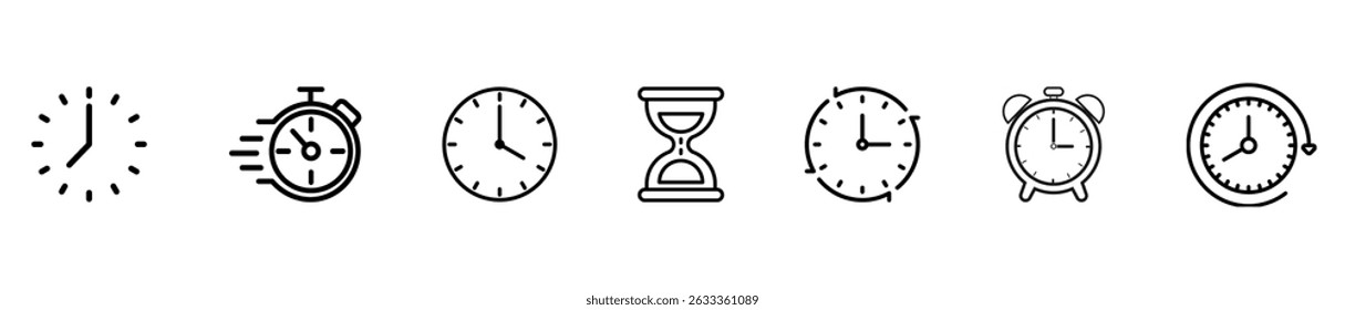 Timers and clock icon set. Included clock, stopwatch, alarm, hourglass, timer, and time management concept. Vector icon collection.
