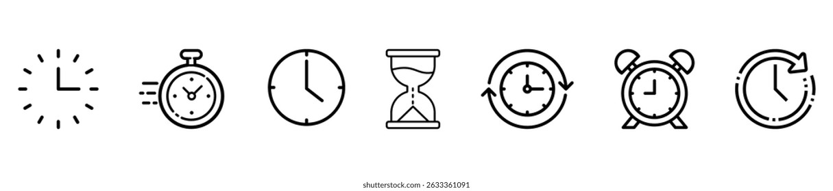 Timers and clock icon set. Included clock, stopwatch, alarm, hourglass, timer, and time management concept. Vector icon collection.