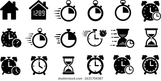Timers and clock icon set. Time line symbol. Containing clock, stopwatch, hourglass and more Vector