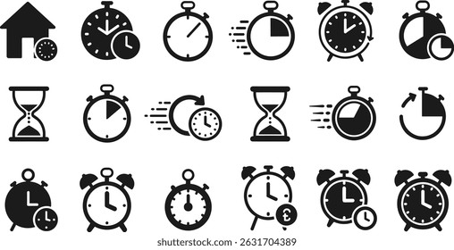 Timers and clock icon set. Time line symbol. Containing clock, stopwatch, hourglass and more Vector