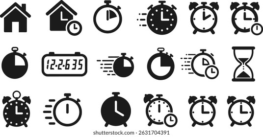 Timers and clock icon set. Time line symbol. Containing clock, stopwatch, hourglass and more Vector