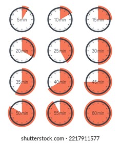 Timers  graphic icons set. Countdown symbols collection from 5 to 60 minutes. Design templates isolated on white background. Vector illustration 