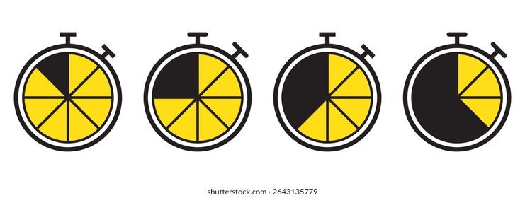 Timers icon set. Countdown timer symbol. Timer. Stopwatch collection. Timer, stopwatch icons. Clock with different minutes. Countdown timer set.