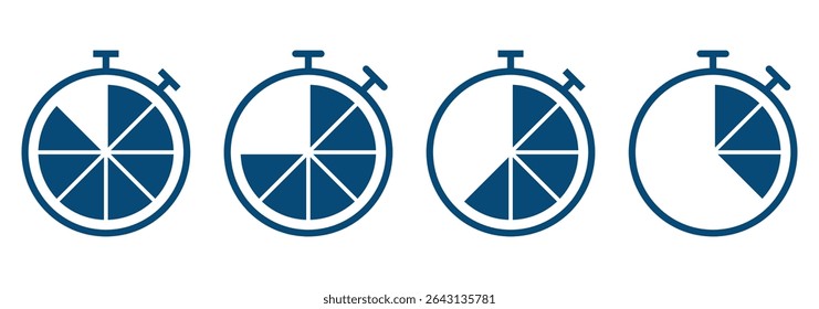 Timers icon set. Countdown timer symbol. Timer. Stopwatch collection. Timer, stopwatch icons. Clock with different minutes. Countdown timer set.