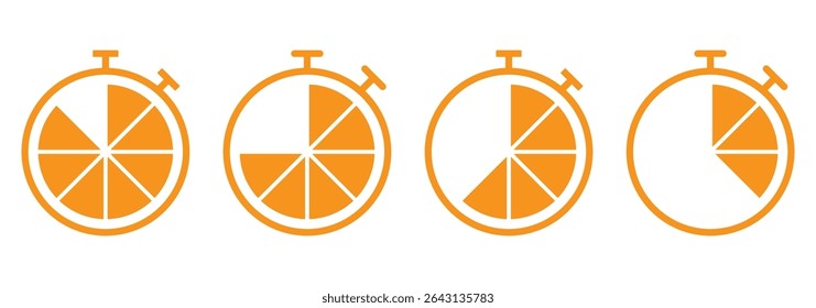 Timers icon set. Countdown timer symbol. Timer. Stopwatch collection. Timer, stopwatch icons. Clock with different minutes. Countdown timer set.