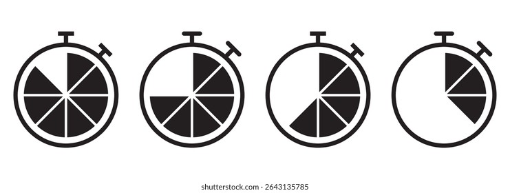 Timers icon set. Countdown timer symbol. Timer. Stopwatch collection. Timer, stopwatch icons. Clock with different minutes. Countdown timer set.