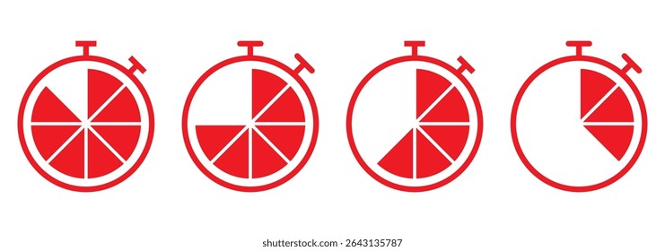 Timers icon set. Countdown timer symbol. Timer. Stopwatch collection. Timer, stopwatch icons. Clock with different minutes. Countdown timer set.