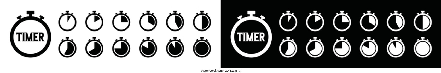 Timers icon set. Stopwatch sign symbol. Countdown timer vector illustration. Seconds, minute, and hours counter clock symbol.