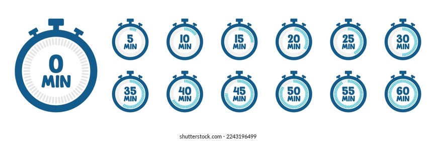 Conjunto de iconos de temporizadores. Símbolo de signo de Stopwatch. Ilustración vectorial del temporizador de cuenta atrás. Símbolo de reloj de contador de segundos, minutos y horas.