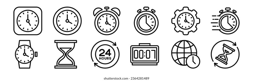 Timers icon set. Time and clocks thin line icons. Stopwatch, countdown, hourglass, alarm, watch, gear, world clock icon symbol. Vector illustration