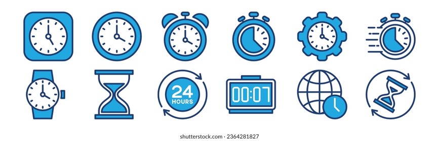 Timers icon set. Time and clocks colours icons. Stopwatch, countdown, hourglass, alarm, watch, gear, world clock icon symbol. Vector illustration