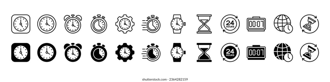 Timers icon set. Time and clocks thin line and flat icons. Stopwatch, countdown, hourglass, alarm, watch, gear, world clock icon symbol. Vector illustration