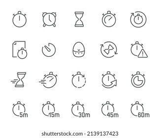 Timers Icons Set. Such as Stopwatch, Hourglass, Kitchen Timer, Alarm Clock and others. Editable vector stroke