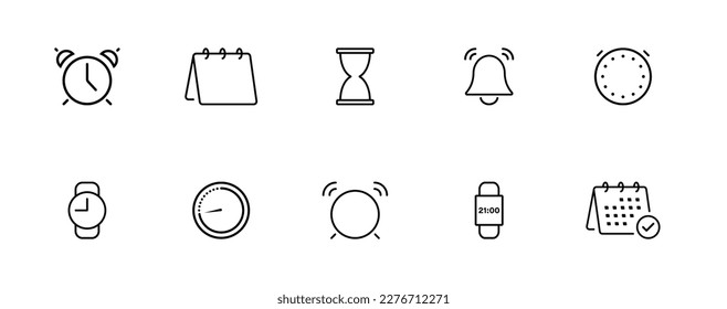Timers line icons set. Vector linear icon set. Time and clock symbols. Vector illustration.