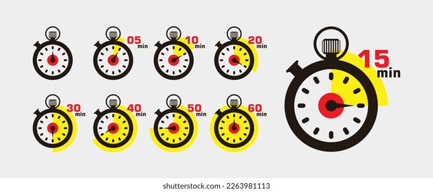 Timers set. Clock countdown timer symbol. Timer. Stopwatch collection vector