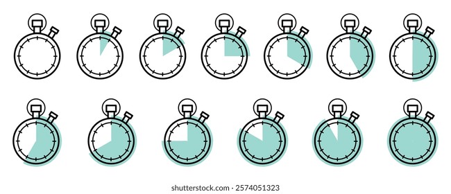 Timers showing time left. Vector isolated set of stopwatches indicating deadline or end of something. Sports measurements, minutes and seconds to beat record. Counting period in challenge