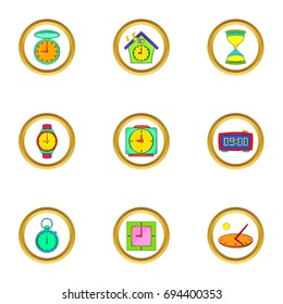 Timers and watches icons set. Cartoon set of 9 timers and watches vector icons for web isolated on white background