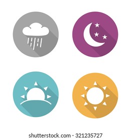 Times of day flat design icons set. Sunrise and sunshine long shadow white silhouettes illustrations. Sunny and rainy day round infographics elements with raining cloud and sun. Vector symbols