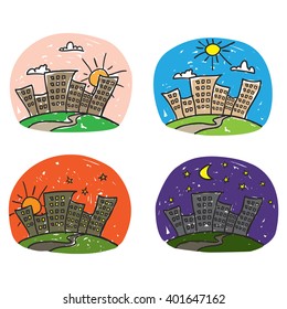 Times of day icon set. Cartoon style hand drawn.