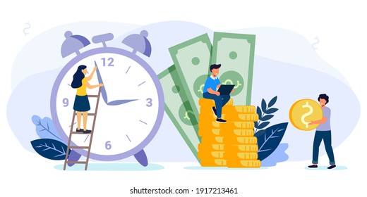 Times is money Concept save time Money saving Financial investments in stock market future income growth Tiny people characters working together with clock vector illustration